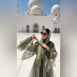 Elegant Olive Green Abaya with Sheer Details. 3 pieces